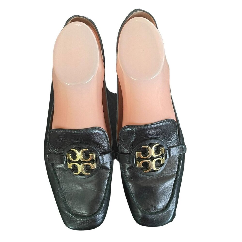 Tory Burch Black Leather Gold Buckle Loafer Shoes Flats Slip On Womens 9